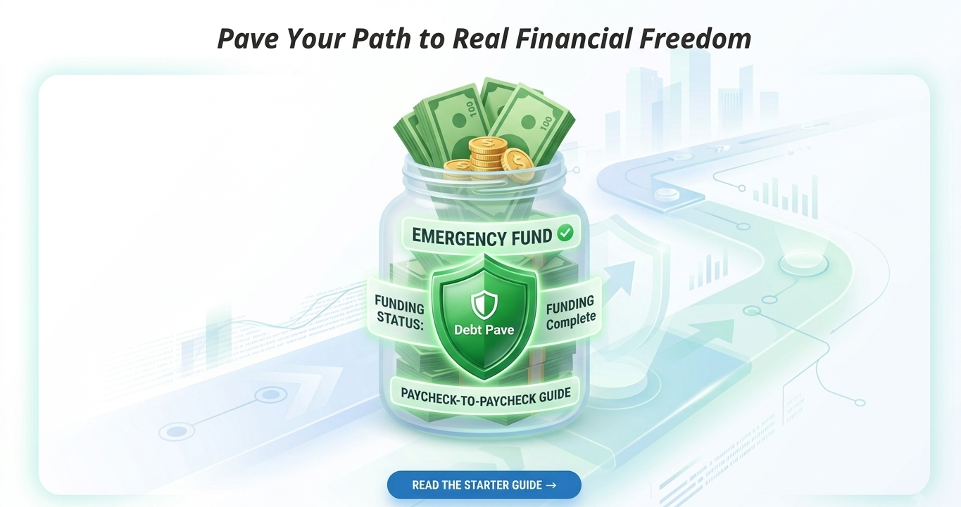 3D illustration of a glowing glass jar full of $100 bills and a green shield representing a completed $1,000 emergency fund, designed to replace the hero section on Debt Pave